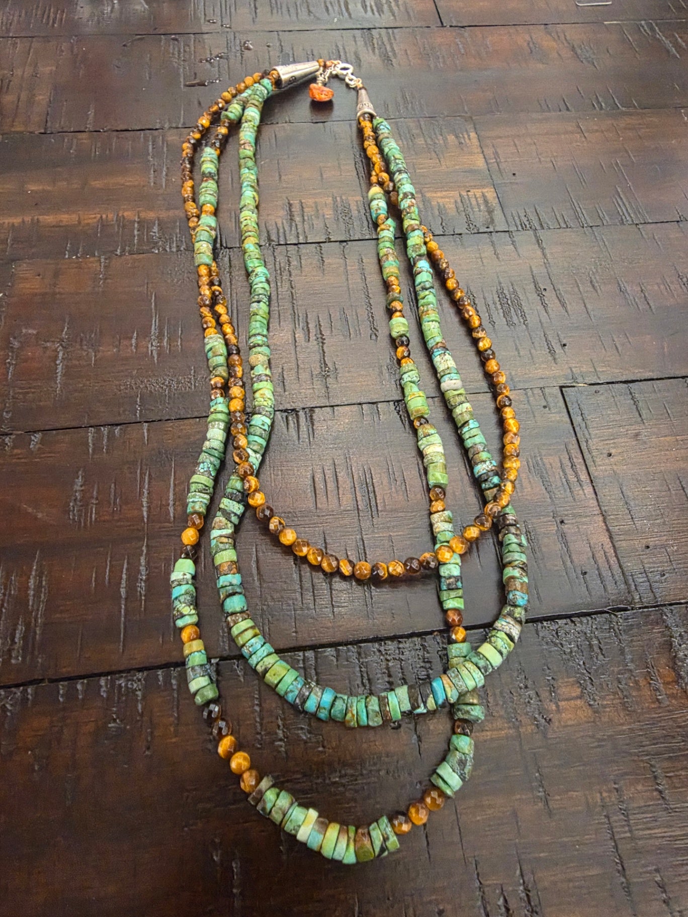 AQ turquoise tigerseye 3 strands necklace sterling clasp