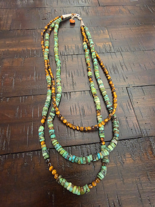 AQ turquoise  tigerseye  3 strands necklace  sterling  clasp